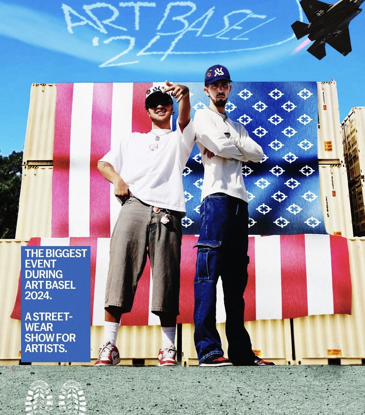 Two people stand in front of a backdrop with an art installation featuring American flag patterns. Text on image promotes a streetwear show at Art Basel 2024.