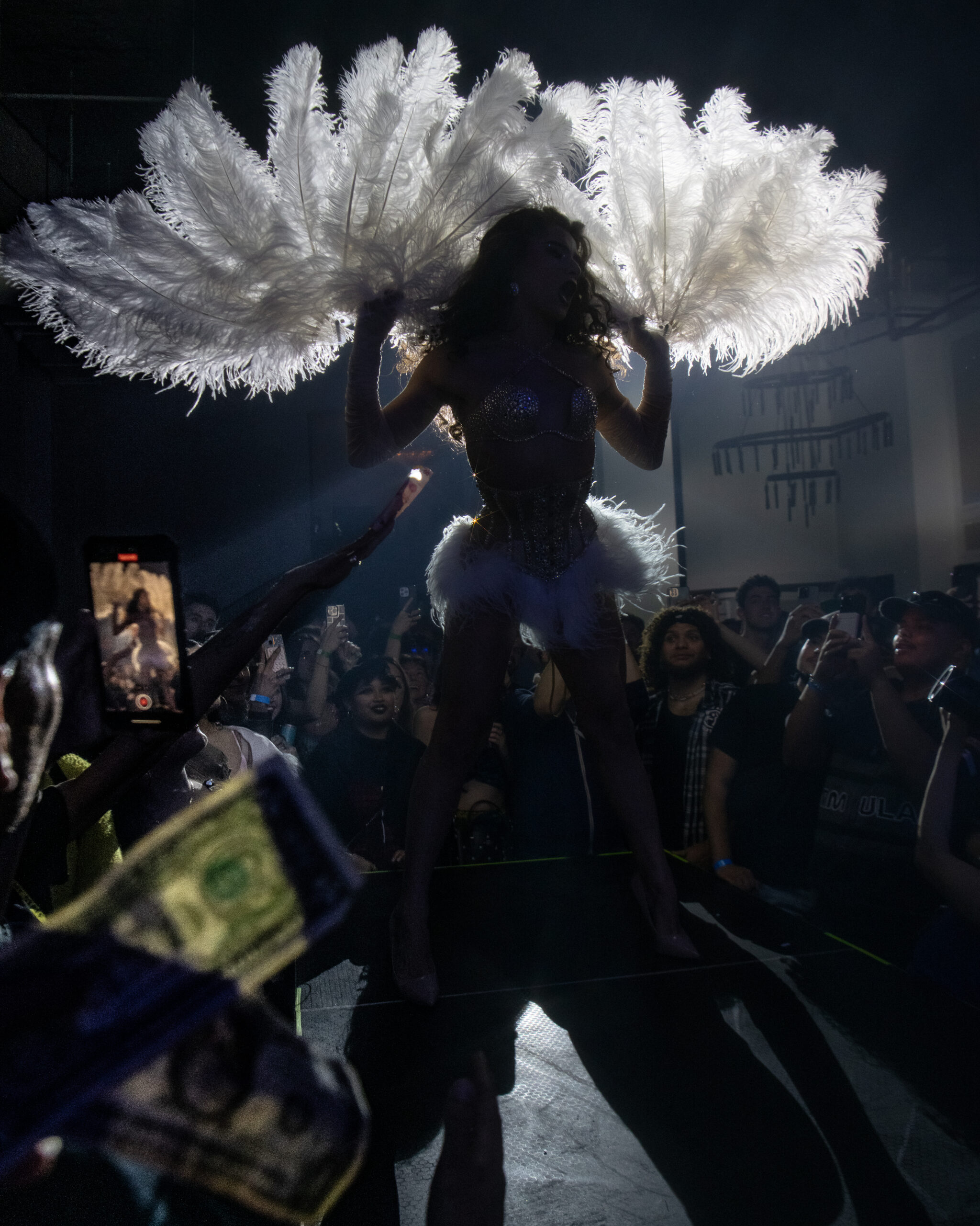 Performer on stage holding large feather fans, surrounded by an audience and bright lights, as a person holds up dollar bills in the foreground.