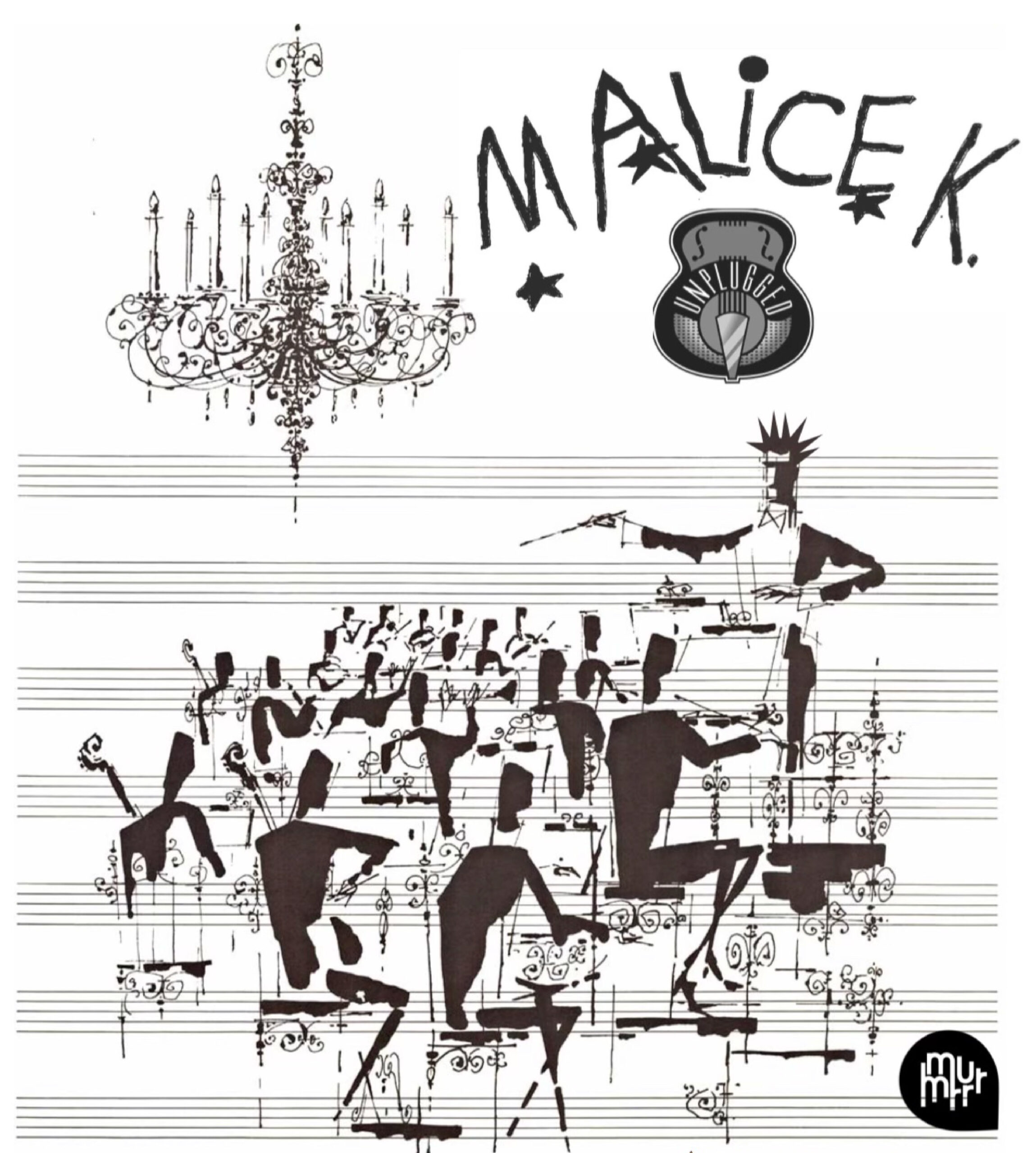 Illustrated conductor and orchestra on sheet music lines with a chandelier above. Text reads "Malice K." and "Antillectual" with a star and logo.