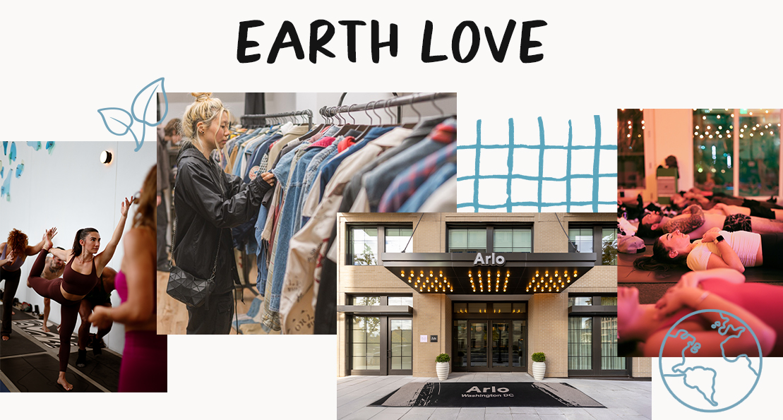 Collage with images of yoga, clothes shopping, and a hotel entrance. "EARTH LOVE" text at the top; globe and butterfly graphics included.