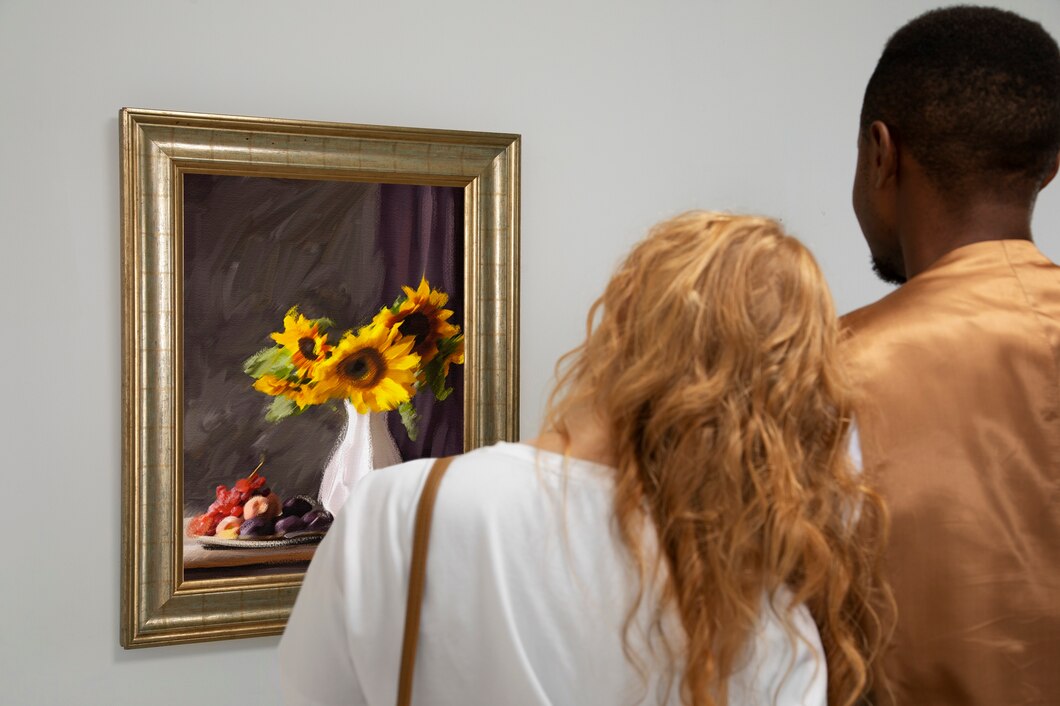 Two people view a framed still life painting of sunflowers and fruit, displayed on a white wall in an art gallery—an elegant example of Art in Wynwood Miami.