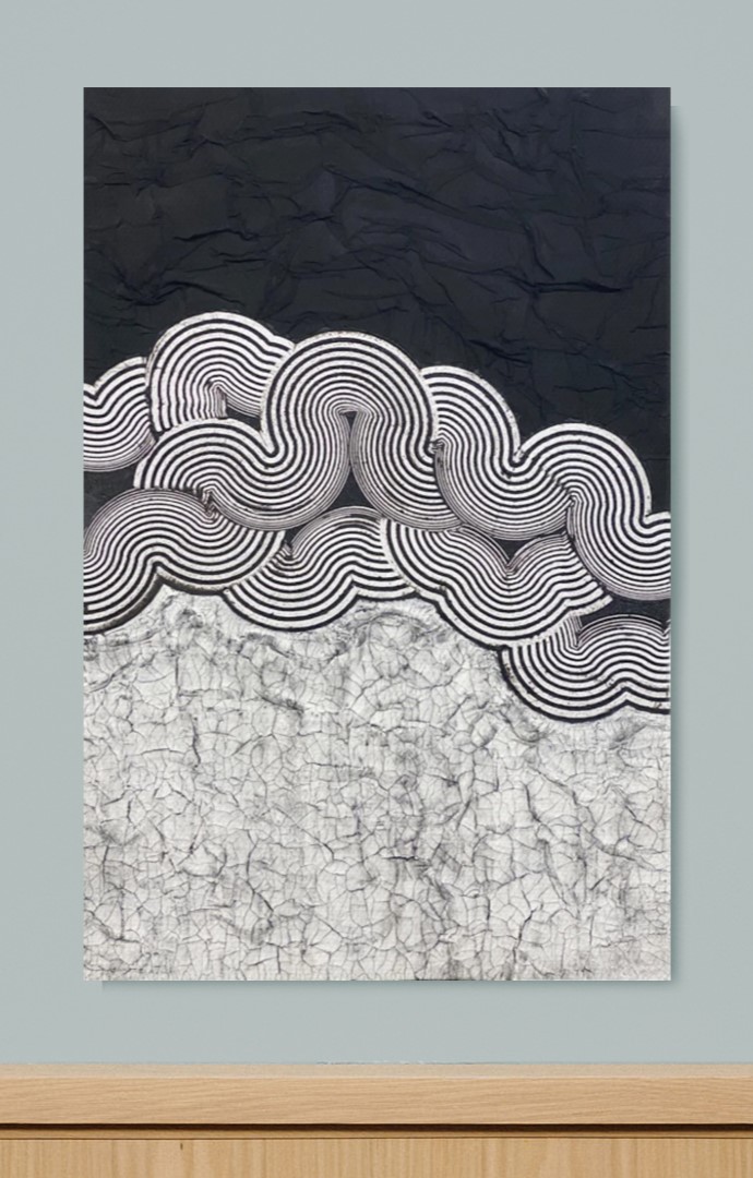 Abstract artwork featuring wavy black and white lines forming cloud-like shapes above a cracked white texture, set against a dark background. The image is displayed on a light blue wall.