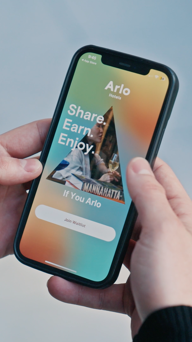A person holds a smartphone displaying the Arlo Hotels app screen with the text "Share. Earn. Enjoy." and a "Join Waitlist" button.