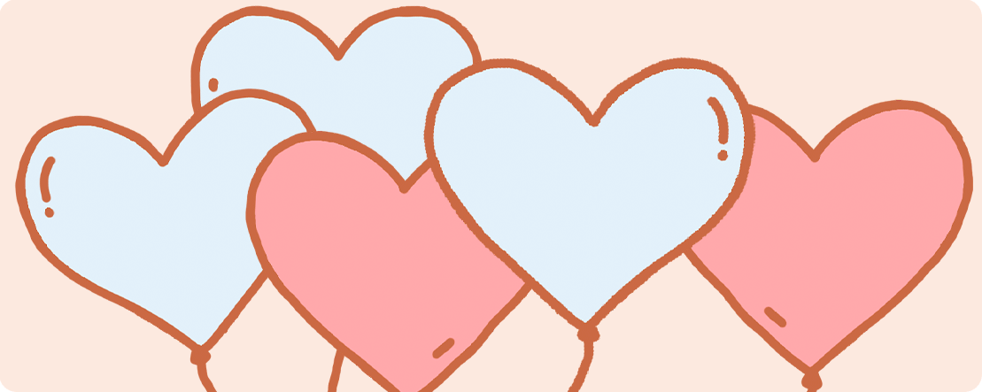 Illustration of five heart-shaped balloons, three pink and two light blue, with brown outlines on a light background.