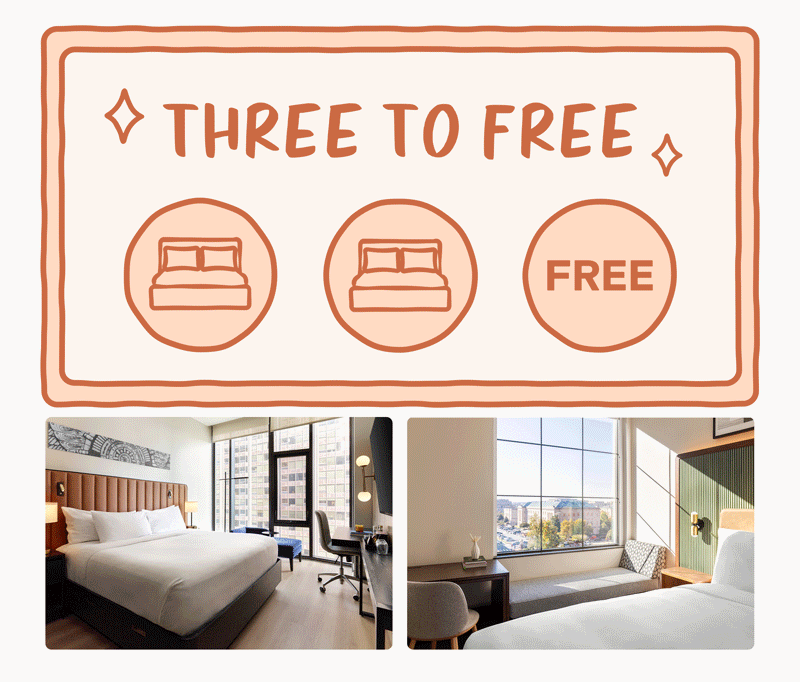 Promotional graphic showing “Three to Free” offer with three bed icons, and photos of modern hotel rooms with large beds and windows.