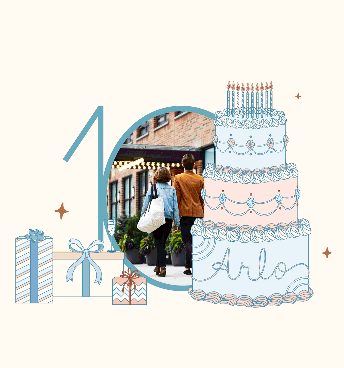 A couple walks together on a city sidewalk, surrounded by illustrated gift boxes, a large cake with candles labeled "Arlo," and a large number 10 in the background.