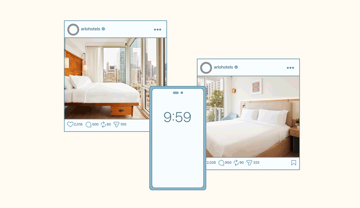 Illustration of two social media posts displaying hotel rooms with city views, alongside a smartphone showing the time 9:59.