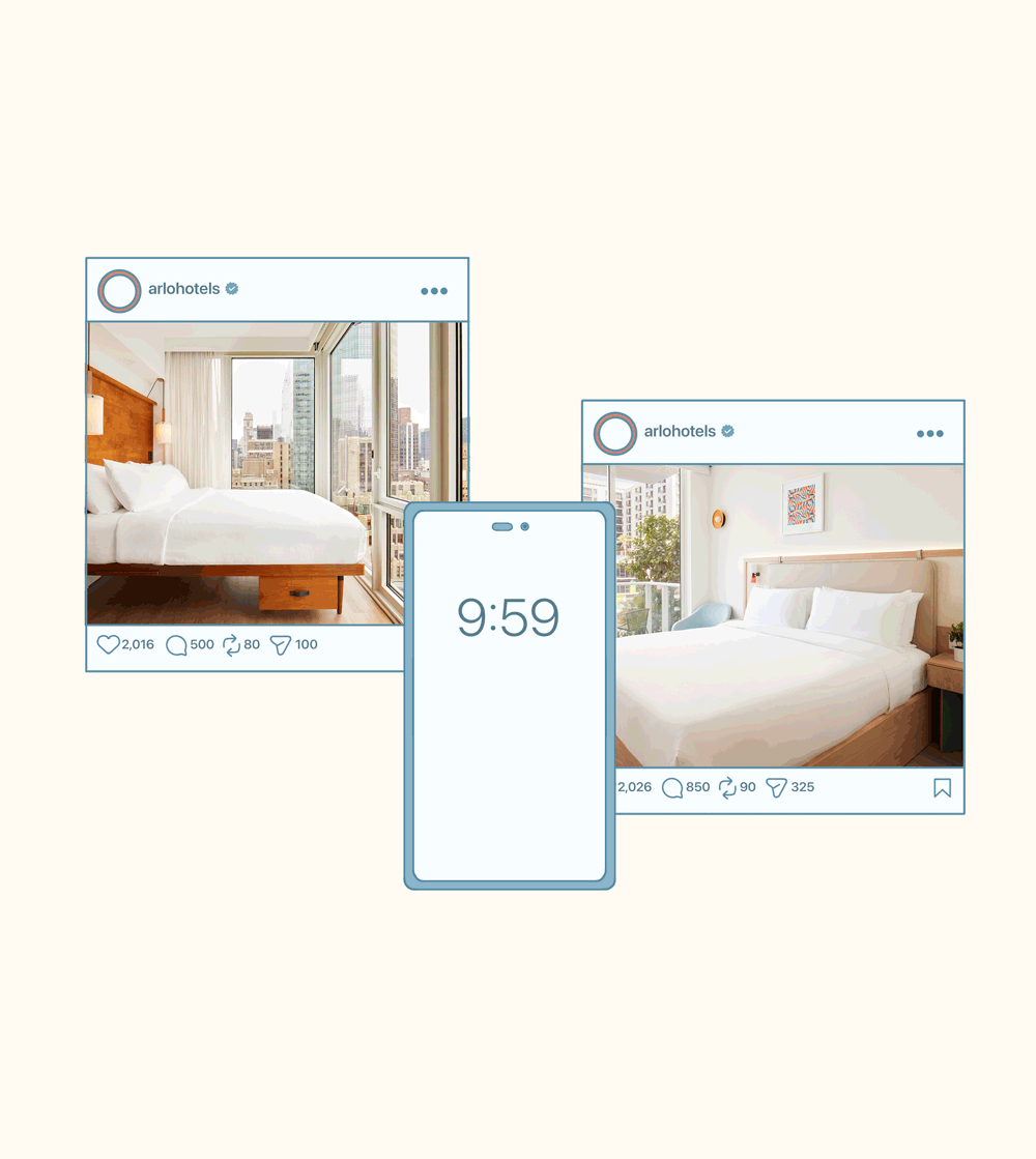 Two social media posts show different hotel rooms with large beds. A smartphone displaying the time 9:59 is centered between the posts.
