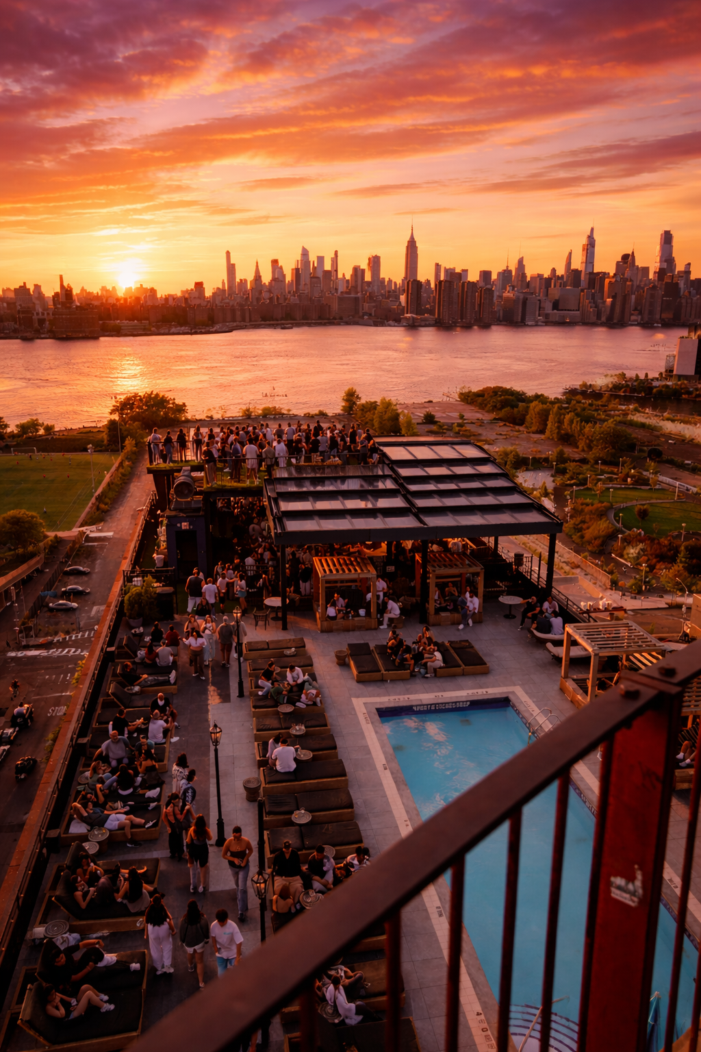 Rooftop bar with a pool overlooks a river and city skyline at sunset; groups of people are gathered on the terraces and around the pool.