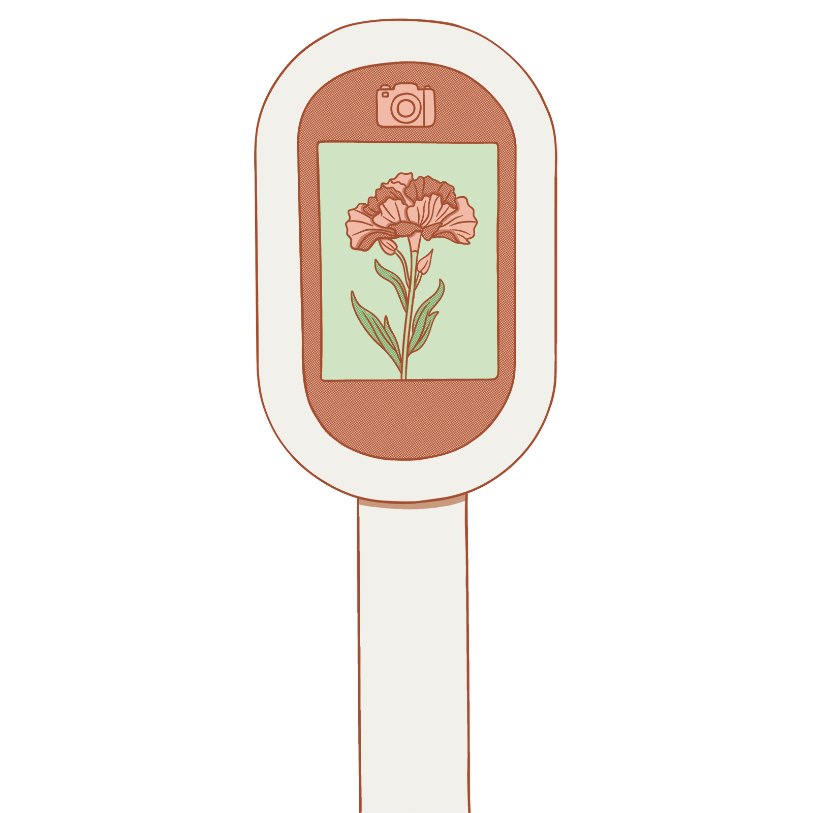 Illustration of a camera on a stand displaying a flower on its screen, with a camera icon above the display.