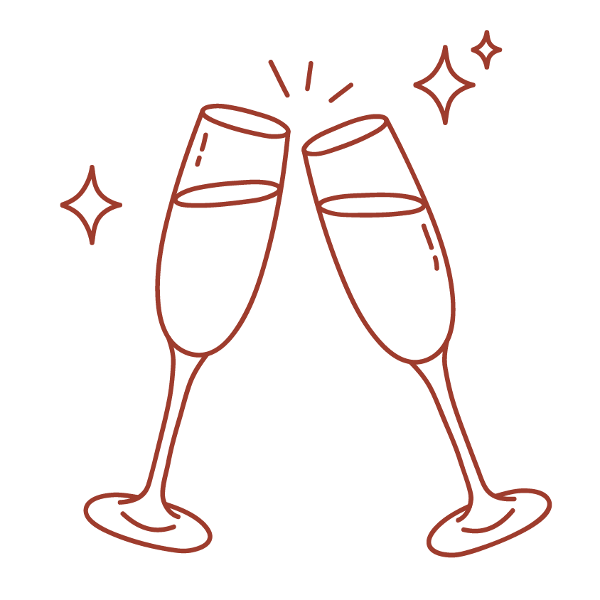 Two champagne glasses clinking together with small sparkles around them on a plain background.