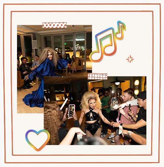 A drag performer entertains a lively crowd indoors; in one photo, she leaps in a blue gown, in another, she interacts with audience members who are filming and cheering.