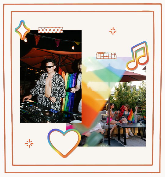 A DJ wearing sunglasses plays music outdoors; nearby, people with rainbow flags sit and talk. Decorative graphics, including a heart and music note, frame the collage.