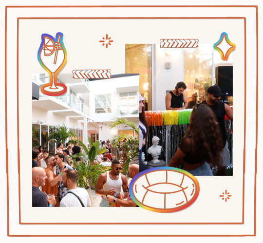 A crowd of people socialize at an outdoor poolside party decorated with plants and rainbow streamers.