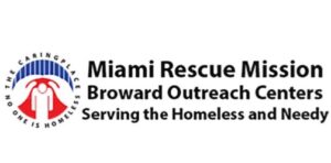Miami Rescue Mission and Broward Outreach Centers logo with the slogan "Serving the Homeless and Needy" and the phrase "No One Is Homeless" in a circular emblem.