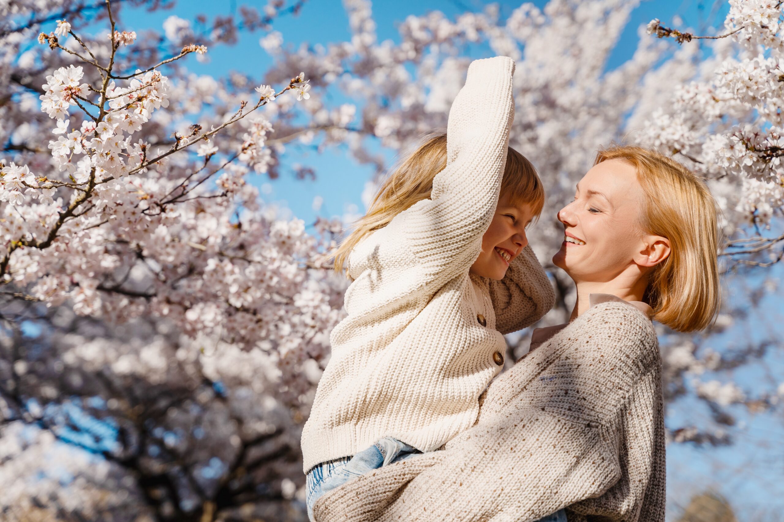 A heart-warming view of a mother and a daughter in front of cherry blossoms